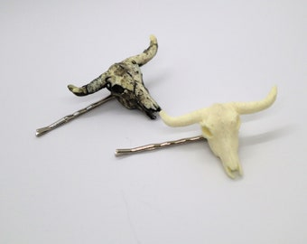 STEAMPUNK goth cow skull bobby pin hairclip - food safe resin