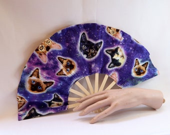 bamboo stainless steel cotton fan - different breeds cat print purple background