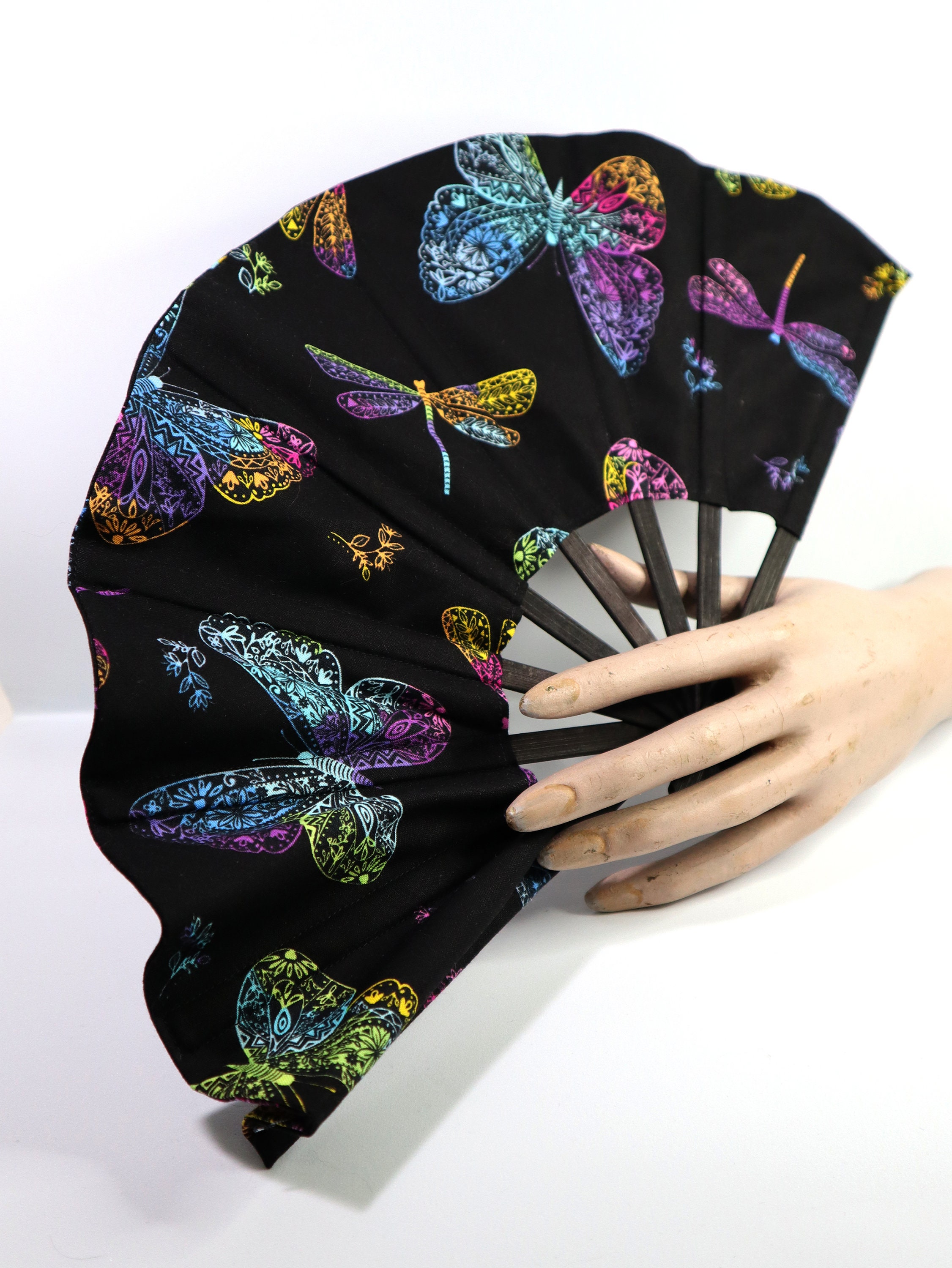 bamboo stainless steel cotton fan - rainbow mandala butterflies insects