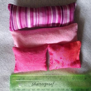 Set of 4 Pink and Purple Pillows Sized for 11.5&quot; Dolls, all 100% Cotton with Polyester Fiberfill.