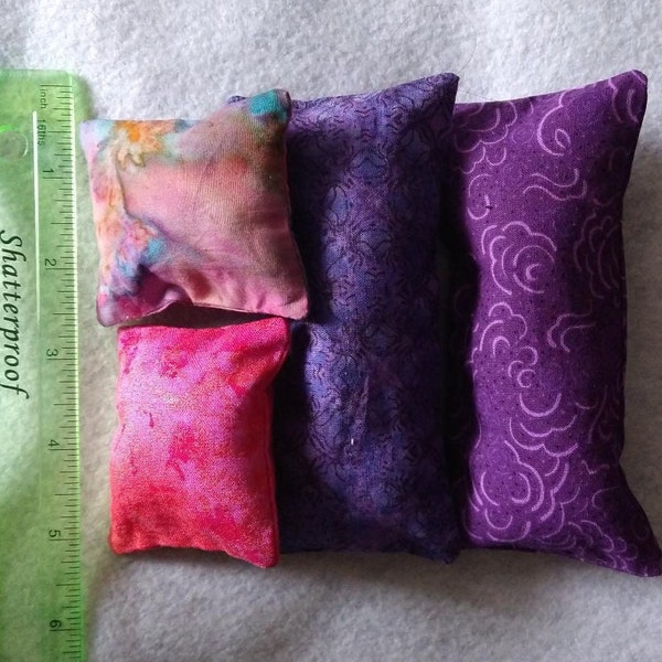 Set of 4 Pink and Purple Pillows Sized for 11.5" Dolls, all 100% Cotton with Polyester Fiberfill.