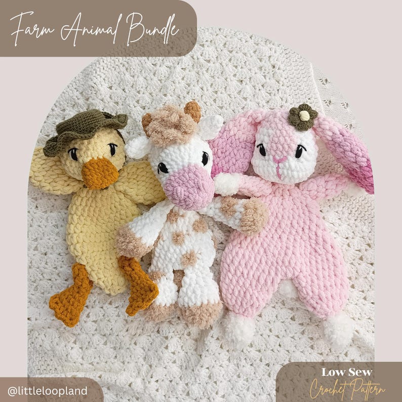 May include: A crochet farm animal bundle featuring a yellow duck with a green hat, a white and pink cow, and a pink bunny with a flower. The text "Farm Animal Bundle" and "Low Sew Crochet Pattern" are visible.