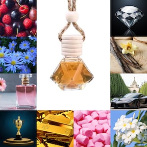 Könnte beinhalten: Eine Ansammlung von Bildern, darunter ein Diamant, Goldbarren, ein schwarzer Sportwagen, eine Parfümflasche, eine Trophäe und ein Lufterfrischer für Autos. Weitere Bilder zeigen Blumen, Beeren und Marshmallows.