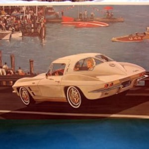 May include: A white 1960s Corvette coupe driving on a bridge with a crowd of people in the background. The car is driving towards the viewer and has a white interior. There are several boats in the water behind the car.