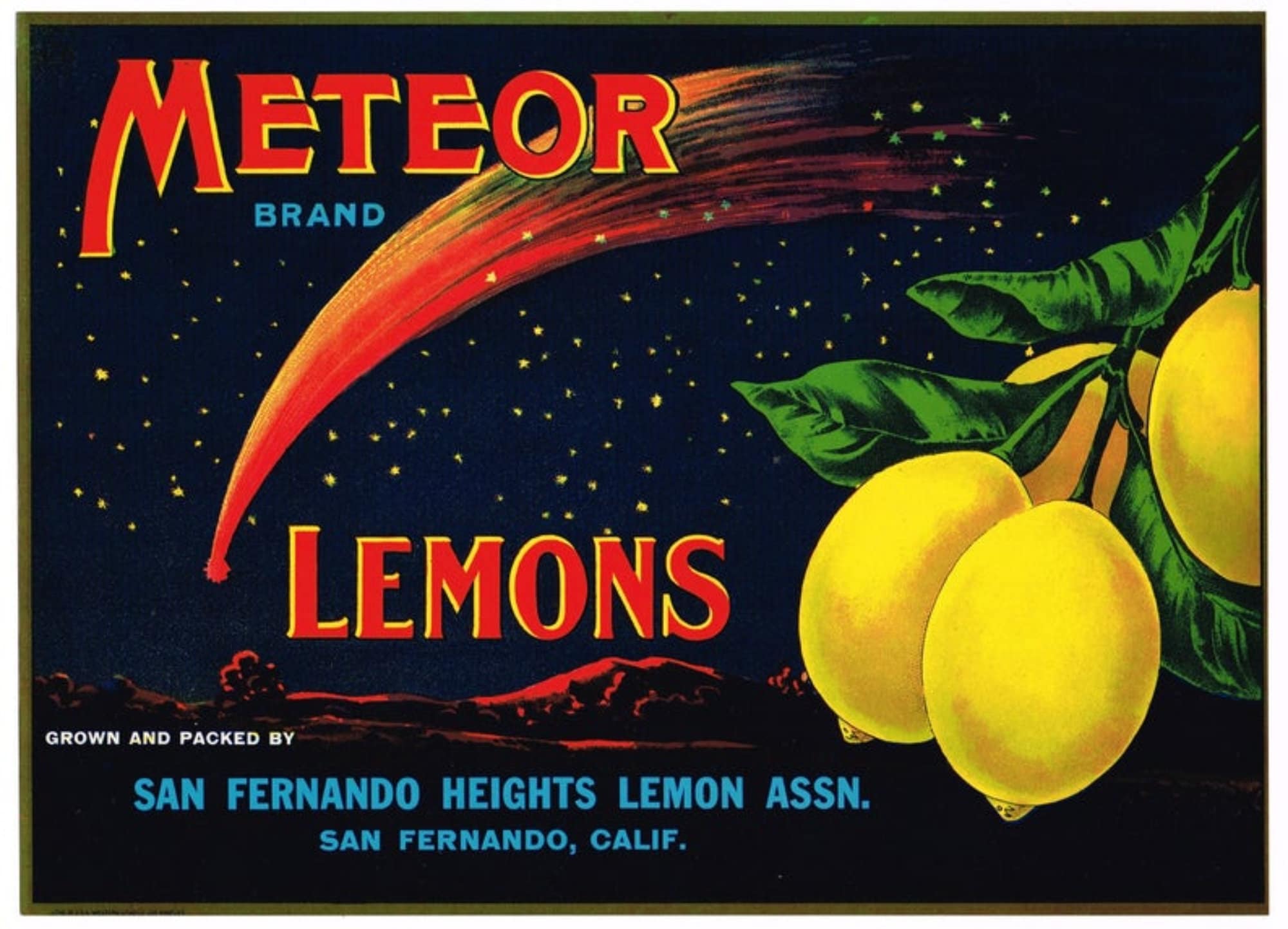1930s Meteor Lemons Citrus Fruit Crate Label San Fernando CA