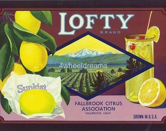 1940s Tall Glass Lemonade CA Citrus Sunkist Crate Label Kitchen Decor