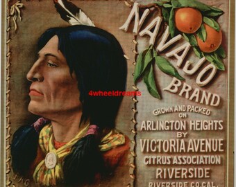 1930s Navajo Native American Indian Brave Riverside CA Crate Label Original