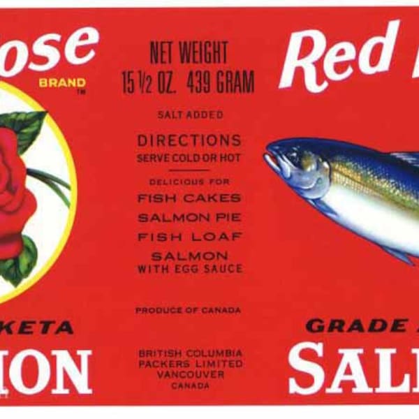 1950s Vintage Red Rose Salmon Fish Can Label Vancouver Canada