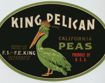 1940s King Pelican Water Bird Paper Collectible Peas Crate Label