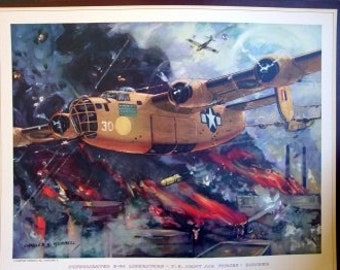 May include: A vintage World War II poster depicting a B-17 bomber flying over a burning city. The bomber is painted in a tan and green camouflage pattern with a large yellow star on the fuselage. The poster is titled "PHOTOGRAPHED IN 8-44 OPERATIONS - 8TH. AIR FORCE - EIGHTH AIR FORCE".