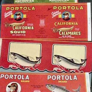 1940s Sleep w/ the Fishes Calamares Squid Salmon Old Can Labels