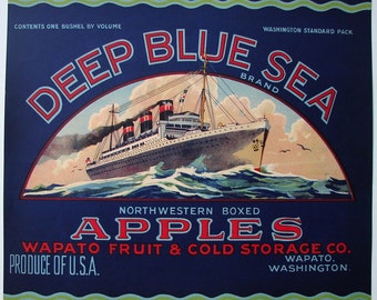 1920s Deep Blue Sea Ocean Liner Ship Nautical Apple Crate Label Wapato WA