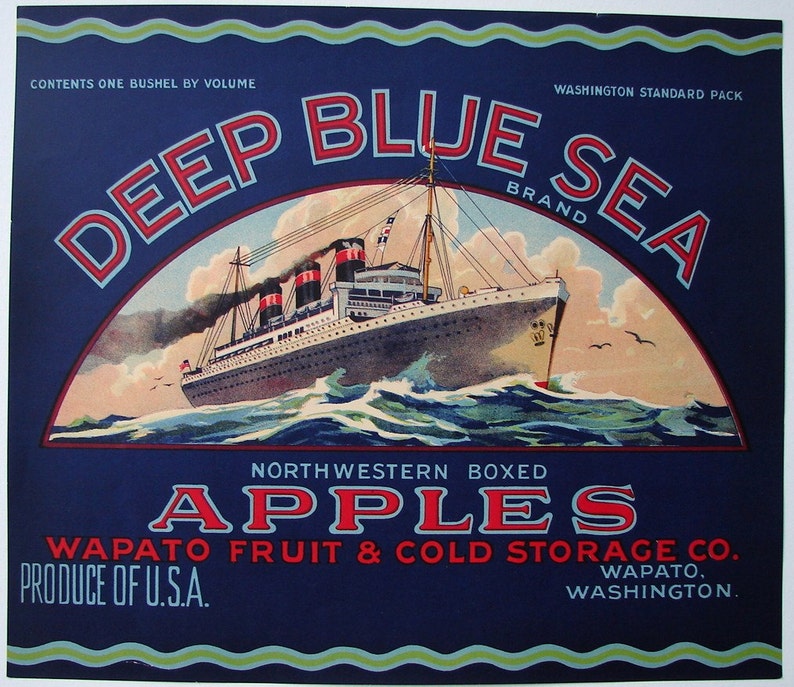 1920s Deep Blue Sea Ocean Liner Ship Nautical Apple Crate Label Wapato WA image 1