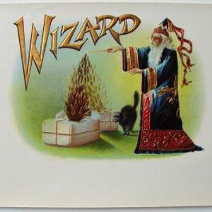 May include: A vintage illustration of a wizard with a long white beard, wearing a blue robe with red accents, holding a wand and pointing it at a small tree. The wizard is standing on a red and gold patterned rug. The word "WIZARD" is written in gold letters above the wizard.