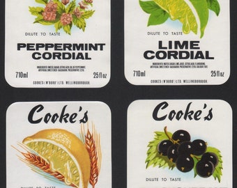 1950s Cooke's Fruit Cordials Lemon Lime Peppermint Black Currant Lot of 8 Original