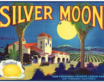 1930s Silver Moon Sunkist Lemon Old Mission San Fernando CA California Crate Label