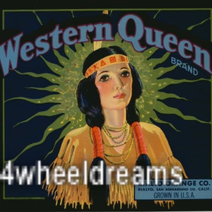 May include: Vintage label for Western Queen Brand oranges featuring a Native American woman in traditional clothing against a dark blue background with a sunburst design. The text "Western Queen Brand" is in a blue and white font.