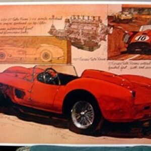 May include: A red 1957 Ferrari Testa Rossa sports car with a black interior. The car has a white number 10 on the side. The car is on a dirt road with a background of trees and a building.