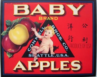 1930s Baby Infant  Seattle WA Red Yellow Apples Connell Bros Fruit Crate Label