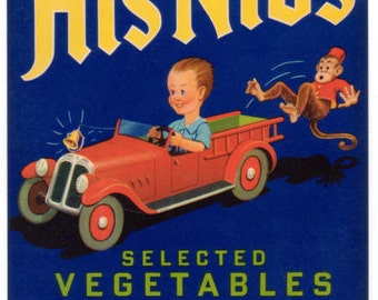 1940s Boy Firetruck Pedal Car Monkey Vintage Veggie Crate Label