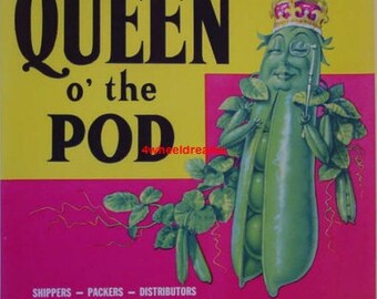 1940s - 60s Queen of the Pea Pods Scarce Watsonville CA Veggie Label