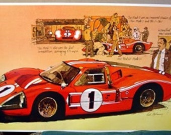Op de afbeelding: Een rode Ford GT40 raceauto met nummer "1" aan de zijkant. De auto staat in een pitstop met crewleden en toeschouwers eromheen. De auto maakt deel uit van een vintage raceposter.