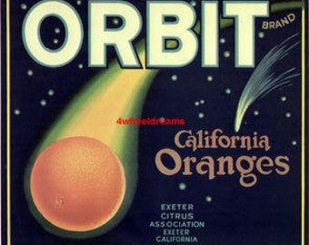 1940s Orange as Comet in Orbit Stars Vintage CA Oranges Citrus Crate Label