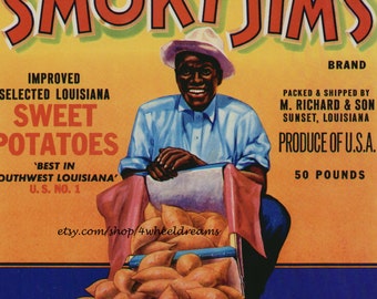 1960s Smoky Jims Sweet Taters Potatoes Sunset LA Louisiana Original Crate Label