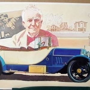 May include: A vintage blue and white car with a tan leather interior. The car is a 1916 model and has a wooden dashboard. The car is being driven by a man in a suit and tie. The image is a vintage illustration.