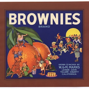 1930s Brownies Elves California Tulare Cty Citrus Groves Original Crate Label