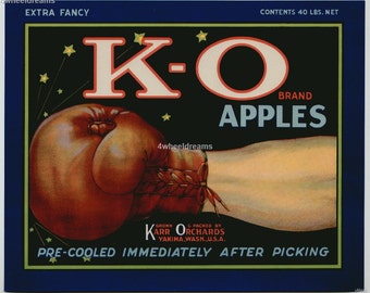 1930s K O Knockout Boxing Vintage Karr Orchards Yakima Apples Crate Label