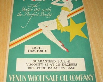 1929 Venus Pinup Gal Gams Legs  Oil Can Label Geneva Nebraska Ad Art