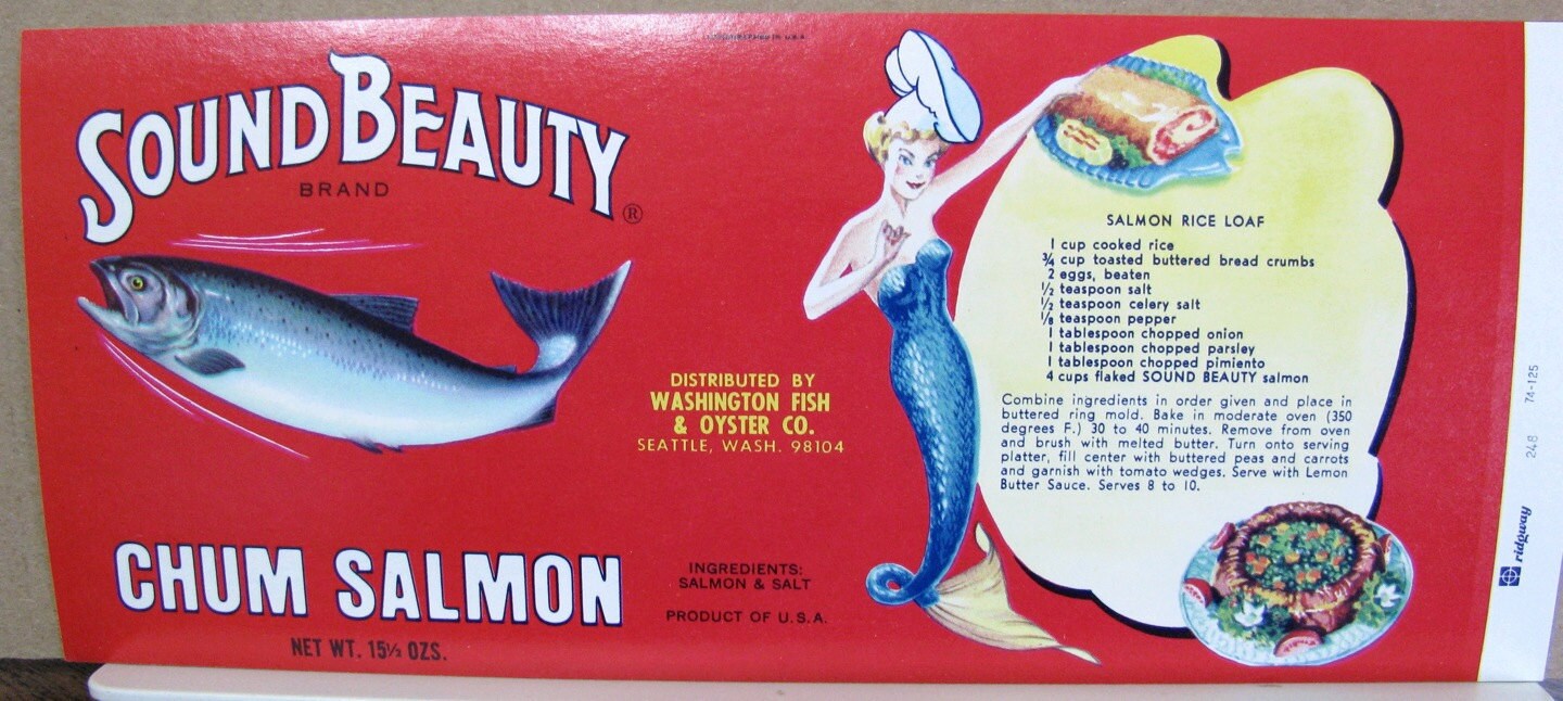 1940s 50s Vintage Mermaid Fish Lady of Sea Can Labels Seattle Maine Labels, image size:1440x646