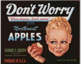 1940s Don't Worry Be Happy Blond Boy Yakima  Apple Crate Label