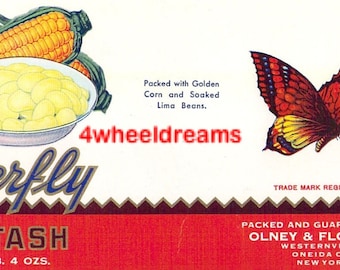 May include: A vintage label for Butterfly Golden Succotash, a canned food product. The label features a red and yellow butterfly, corn kernels, and a bowl of succotash. The text on the label reads "Packed with Golden Corn and Soaked Lima Beans." and "Butterfly Golden Succotash Contents 1 lb. 4 ozs."