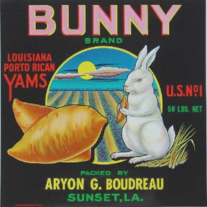 1930 Bunny White Rabbit Sunset Louisiana Yams Crate Label Original
