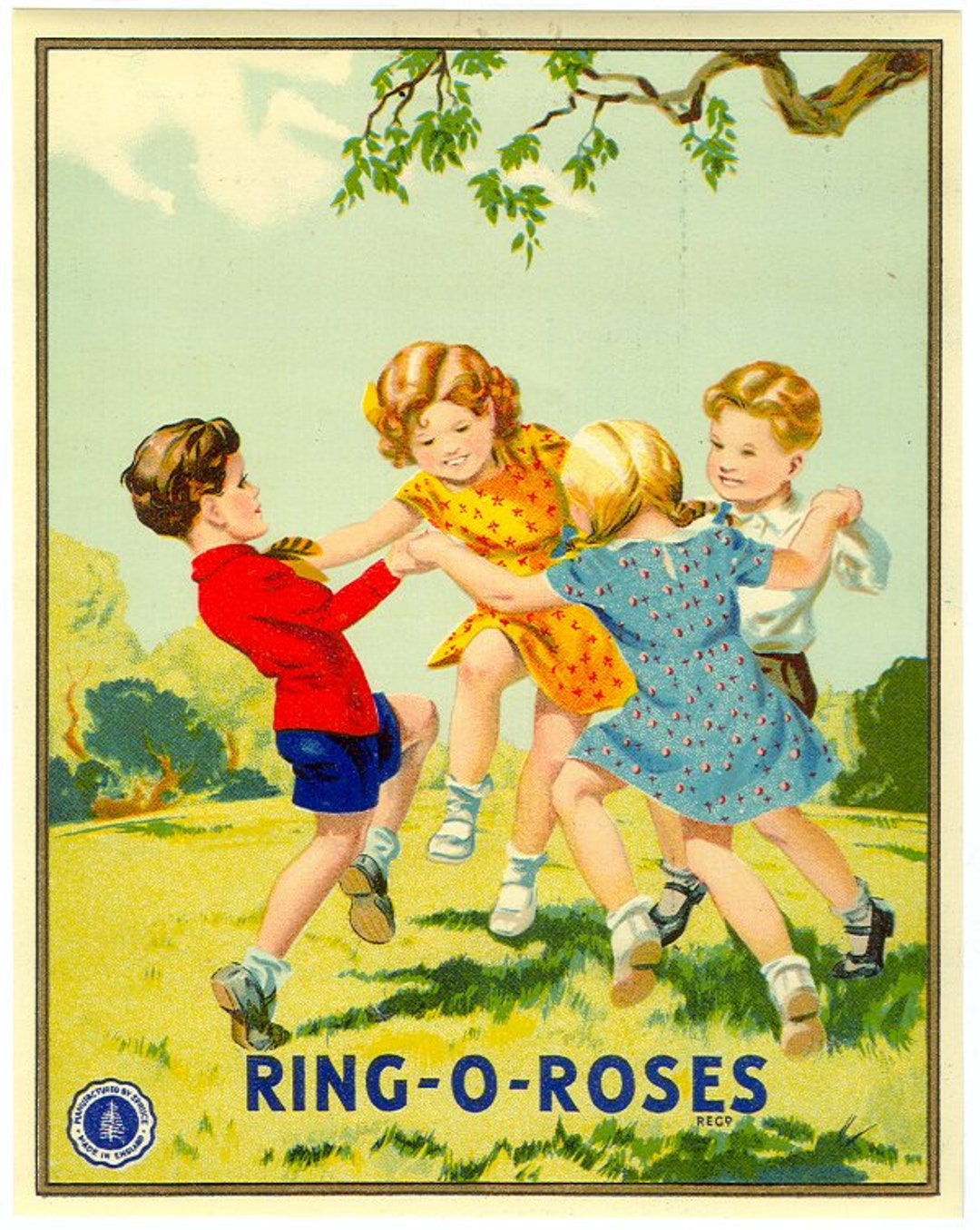 1920s Ring Around the Rosie O Roses Textile Fabric Label Children ...