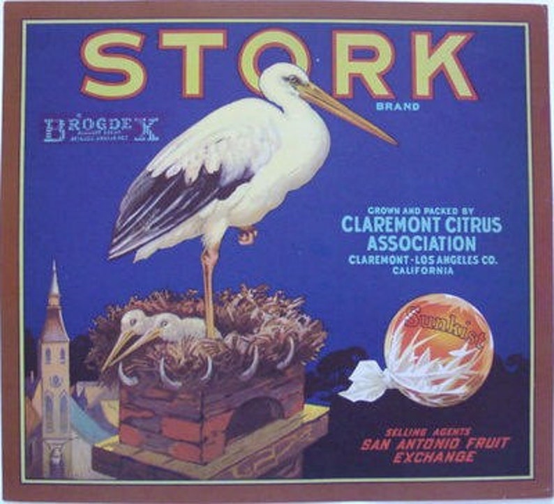 1940s Mama Stork and Baby Storks in Chimney Nest Original Crate Label image 1