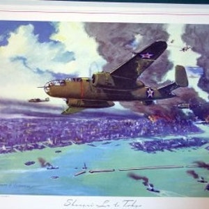 May include: A watercolor painting depicting a military aircraft flying over a city with smoke and flames in the background. The aircraft is a B-25 Mitchell bomber, a twin-engine bomber used by the United States Army Air Forces during World War II. The painting is titled "Showers over Tokyo".