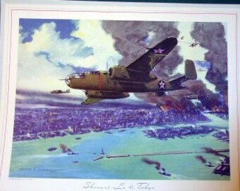 May include: A watercolor painting depicting a military aircraft flying over a city with smoke and flames in the background. The aircraft is a B-25 Mitchell bomber, a twin-engine bomber used by the United States Army Air Forces during World War II. The painting is titled "Showers over Tokyo".