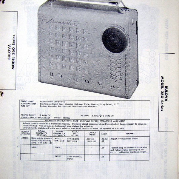 1957 Bulova Transistor Portable Radio Model 260 Photo Repair Manual