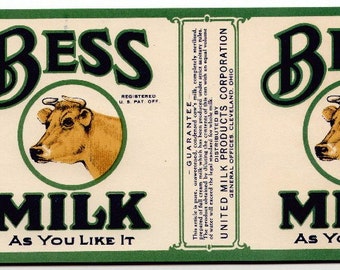 1920s Bess the Cow Farm Animal Moo Milk Vintage Can Label Ad Art