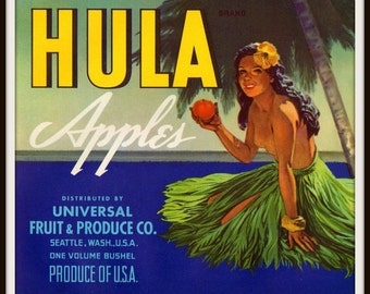 1950s Topless Hula Girl Grass Skirt Palm Tree Apple Crate Label Seattle WA