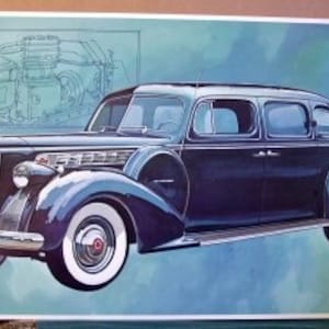 May include: A black 1938 Packard 120 limousine with a chrome grille and whitewall tires. The car is set against a light blue background with a technical drawing of the car's engine in the background.