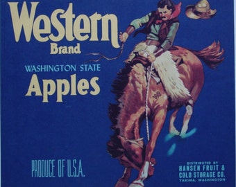 1930s Cowboy Riding Bucking Horse Western Bronc Vintage Apple Label
