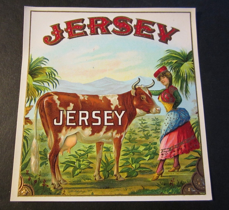 1920s Jersey Cow Farm Animals Scare Antique Embossed Cigar Label Bovine image 1