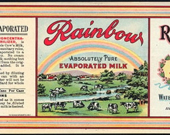 1920s Cow Evaporated Milk Rare Waterloo IL Illinois Rainbow Brand Can Label