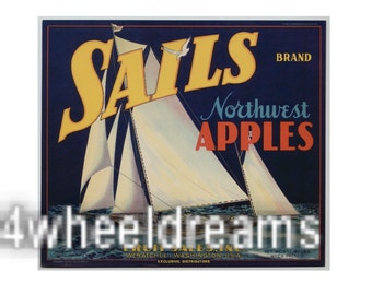 1930s Sails Sailboats Masts Nautical Sailing Vintage Apple Ad Art Crate Label