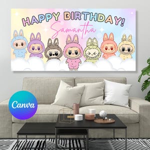 Labubu Birthday Banner, Editable Labubu Wall Backdrop, Labubu Party Decor, Labubu Monster Birthday Sign, Trending Birthday Party Supplies