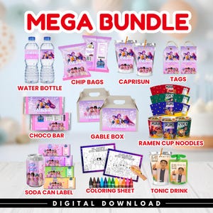 May include: A mega bundle of party supplies featuring the name "Vanessa" includes water bottles, chip bags, Capri Sun drinks, tags, chocolate bars, gable boxes, ramen noodles, soda can labels, coloring sheets, and tonic drinks. The text "MEGA BUNDLE" is at the top.